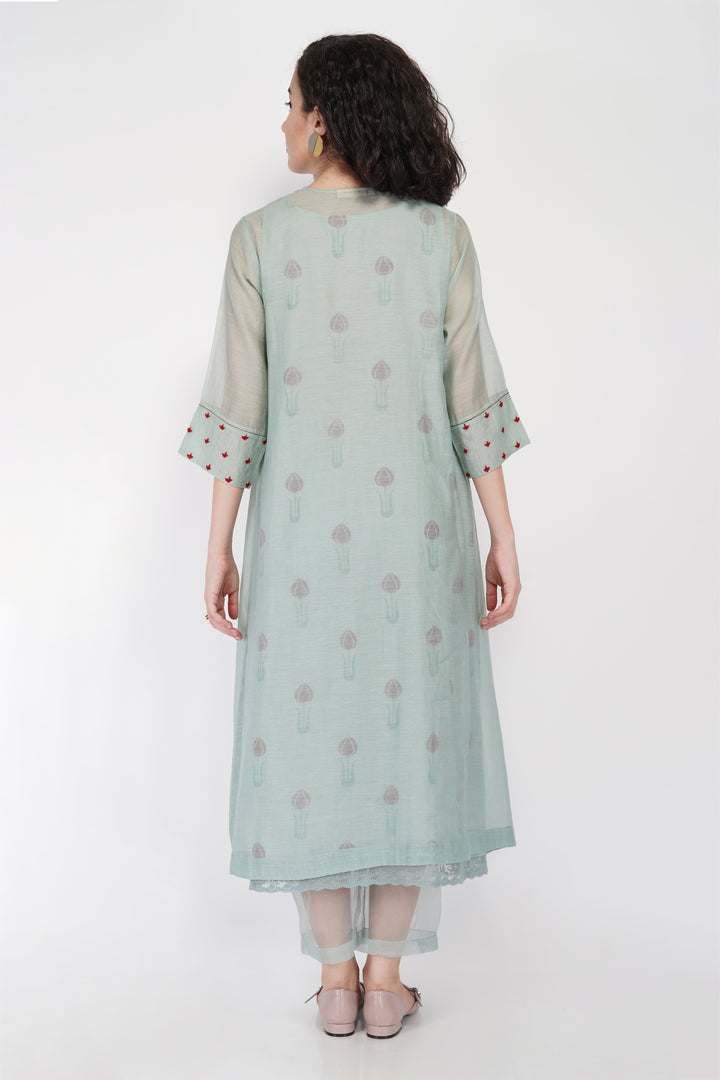 SAAWAN- SAGE GREEN BOX PLEAT WITH BUTTON EMBROIDERY DRESS WITH PANT