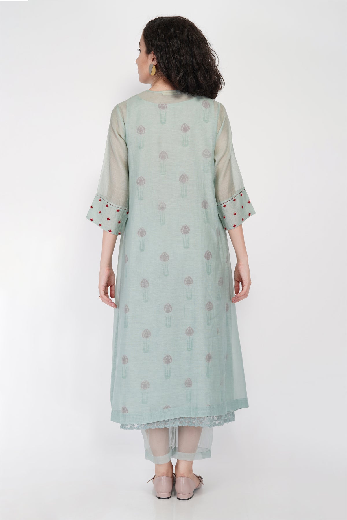 SAAWAN SAGE GREEN BOX PLEAT WITH BUTTON EMBROIDERY DRESS