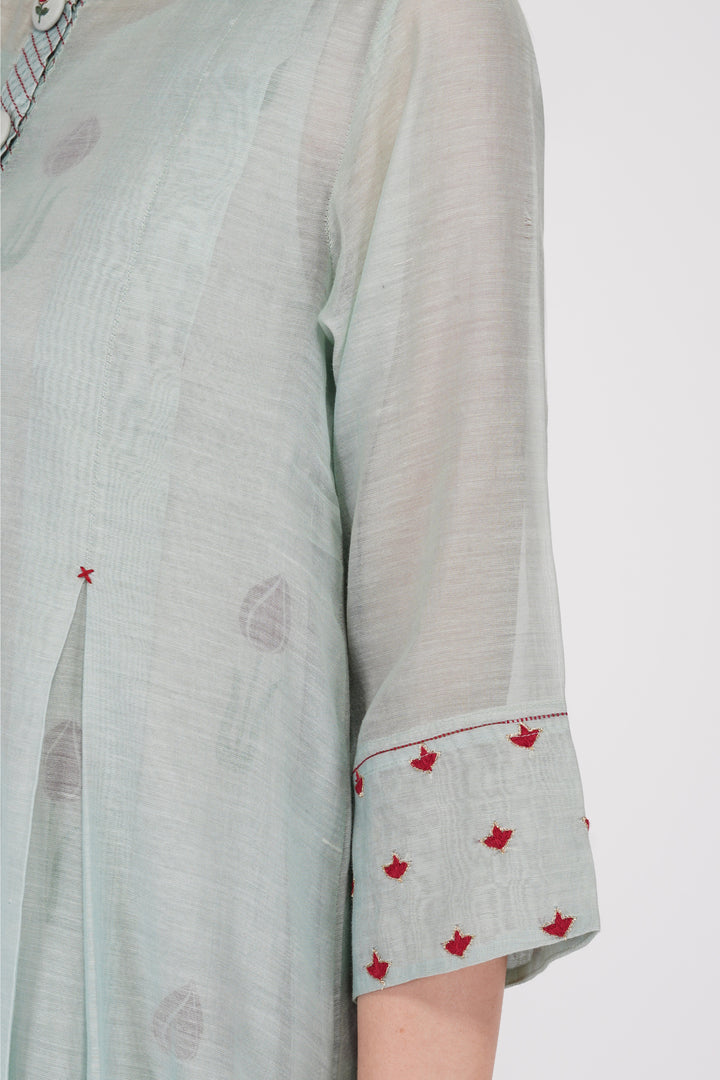 SAAWAN- SAGE GREEN BOX PLEAT WITH BUTTON EMBROIDERY DRESS WITH PANT