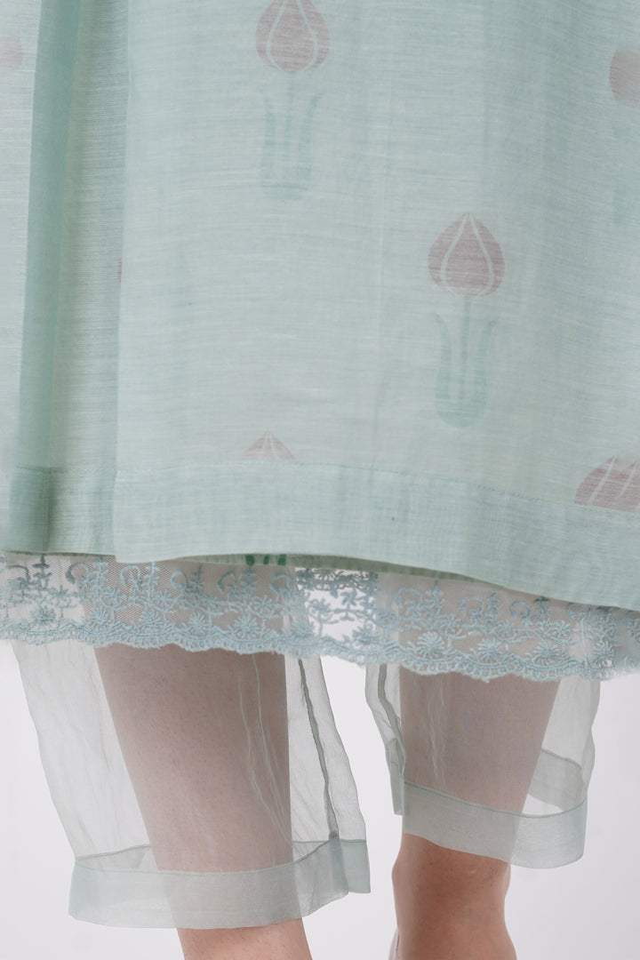SAAWAN- SAGE GREEN BOX PLEAT WITH BUTTON EMBROIDERY DRESS WITH PANT