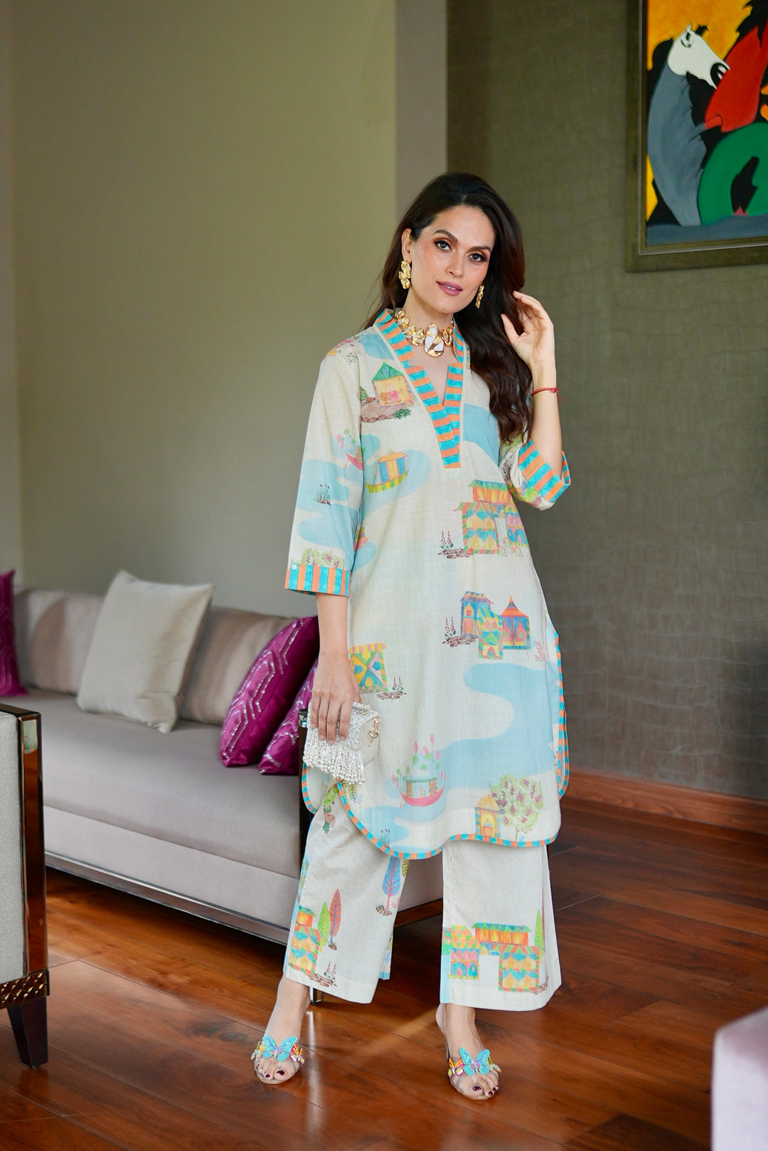 SAFAR: COTTON V-NECK KURTA COORD SET