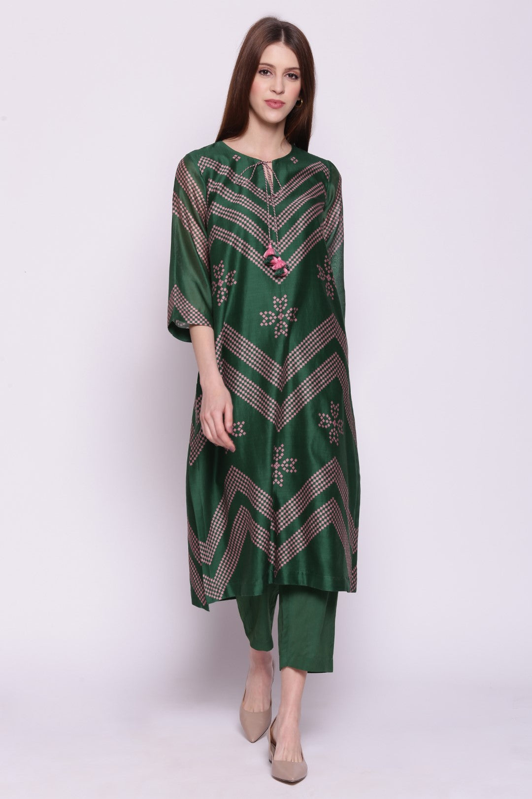 EMERALD GREEN CHANDERI CHEVRON BANDHANI PRINT KURTA