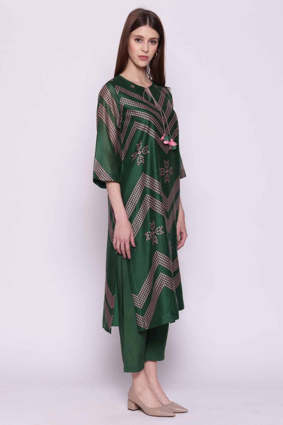 EMERALD GREEN CHANDERI CHEVRON BANDHANI PRINT KURTA