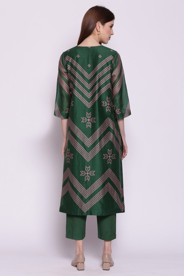 EMERALD GREEN CHANDERI CHEVRON BANDHANI PRINT KURTA
