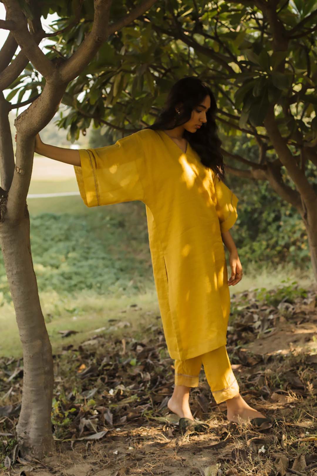 RAGA YELLOW MUSTARD COTTON SILK STRAIGHT PANTS