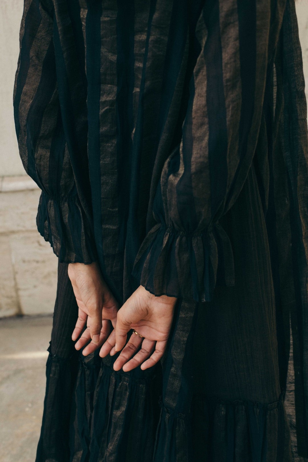 Zari stripe Chanderi High Low Gather Frill Dress with a color black zari cotton silk inner