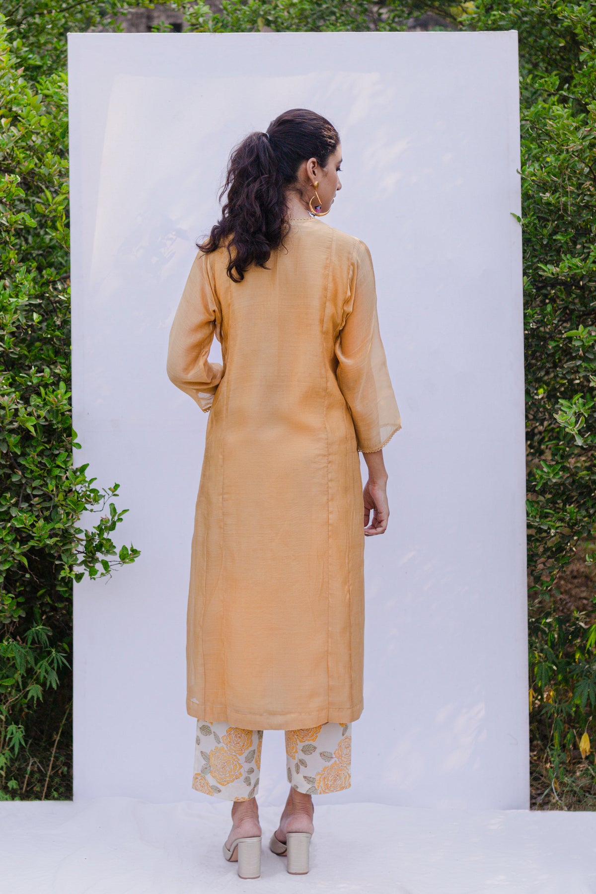 Bela Yellow mustard handloom chanderi pintuck kurta with printed pants and sage green lace stole