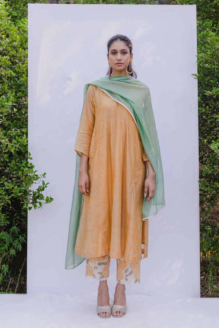 Bela- Yellow mustard handloom chanderi pintuck kurta set