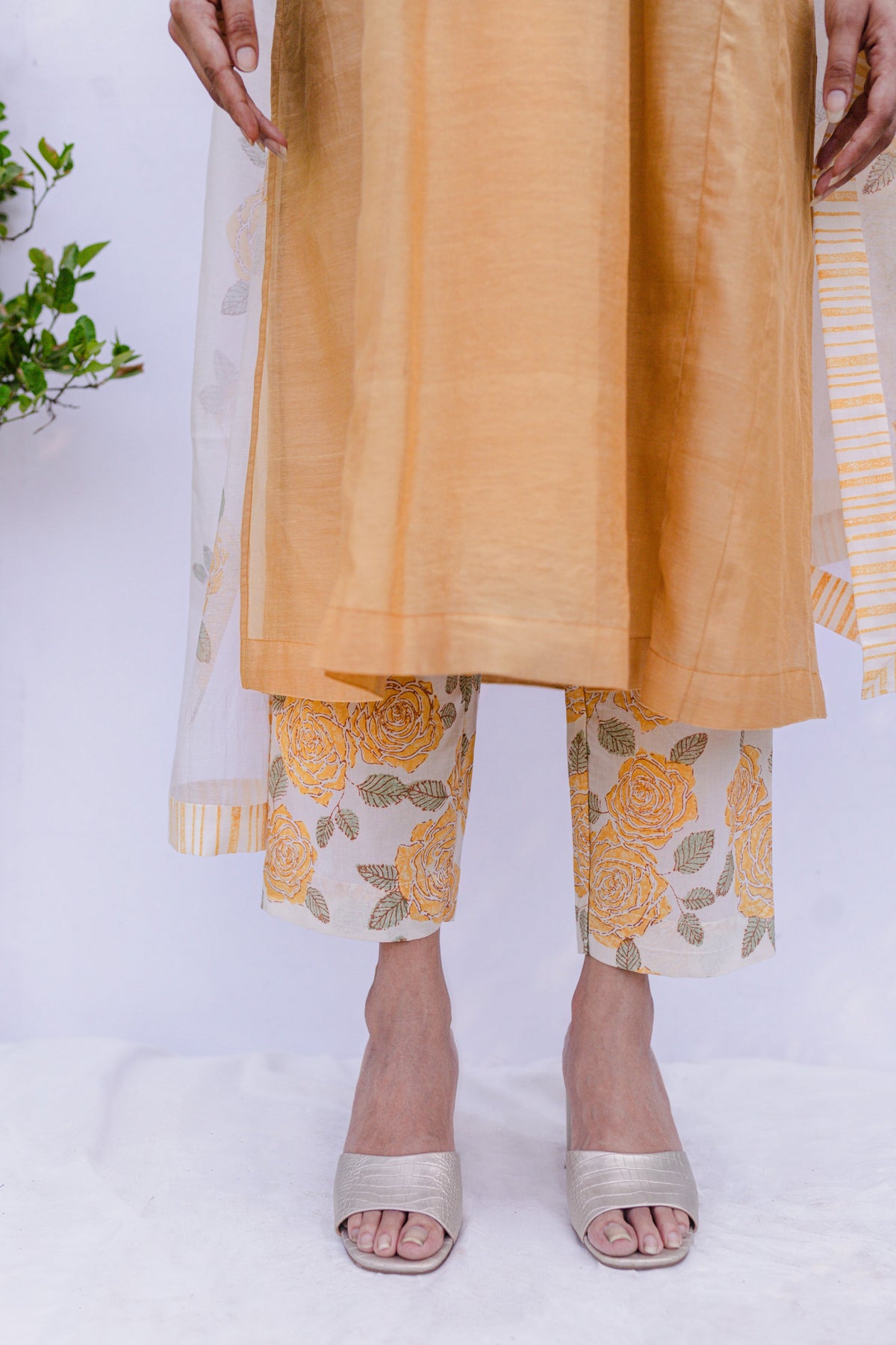 Bela Yellow mustard handloom chanderi pintuck kurta with printed pants and sage green lace stole