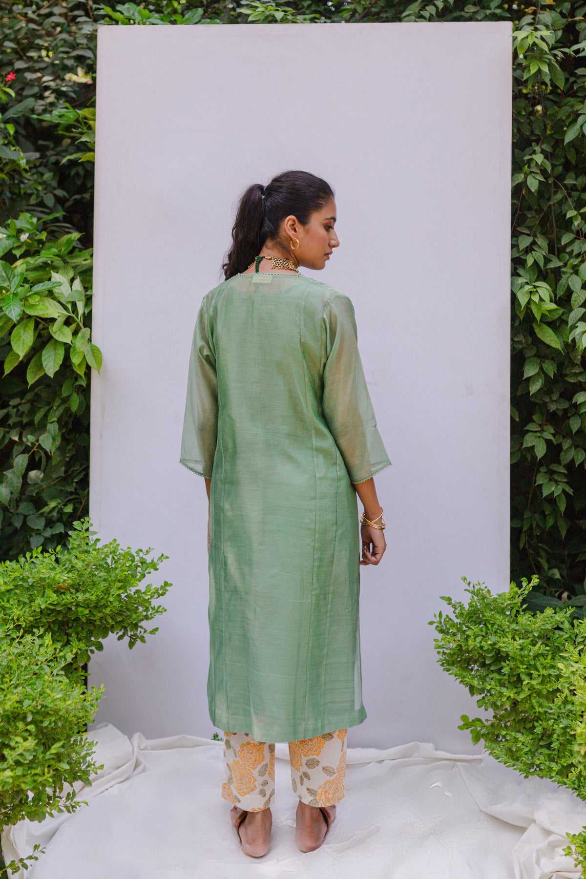 Bela Sage green handloom chanderi pintuck kurta with printed pants and yellow mustard lace stole