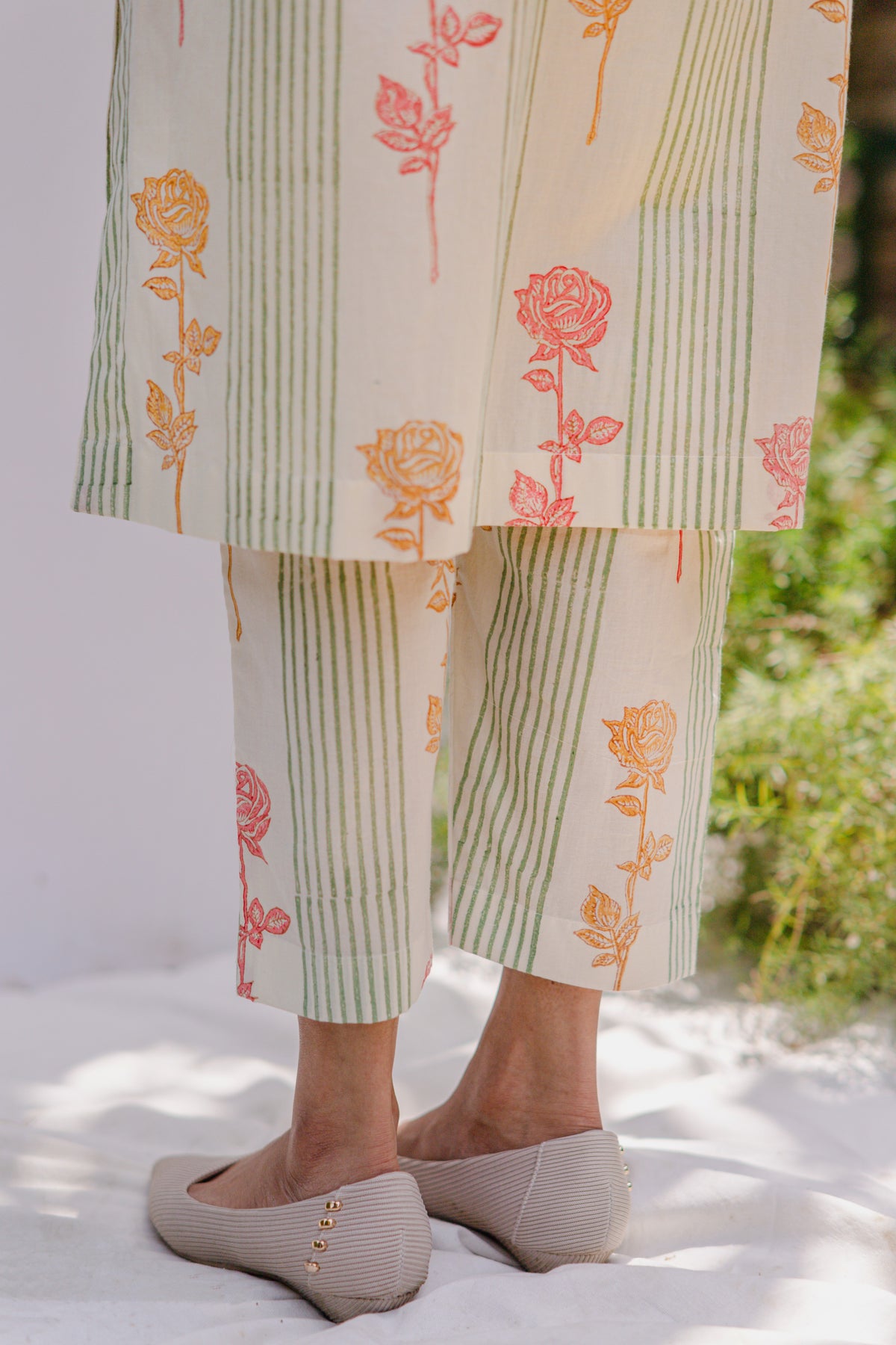 Bela Cream cotton block printed sage green stripe and multi colour rose v-neck kurta with printed pants
