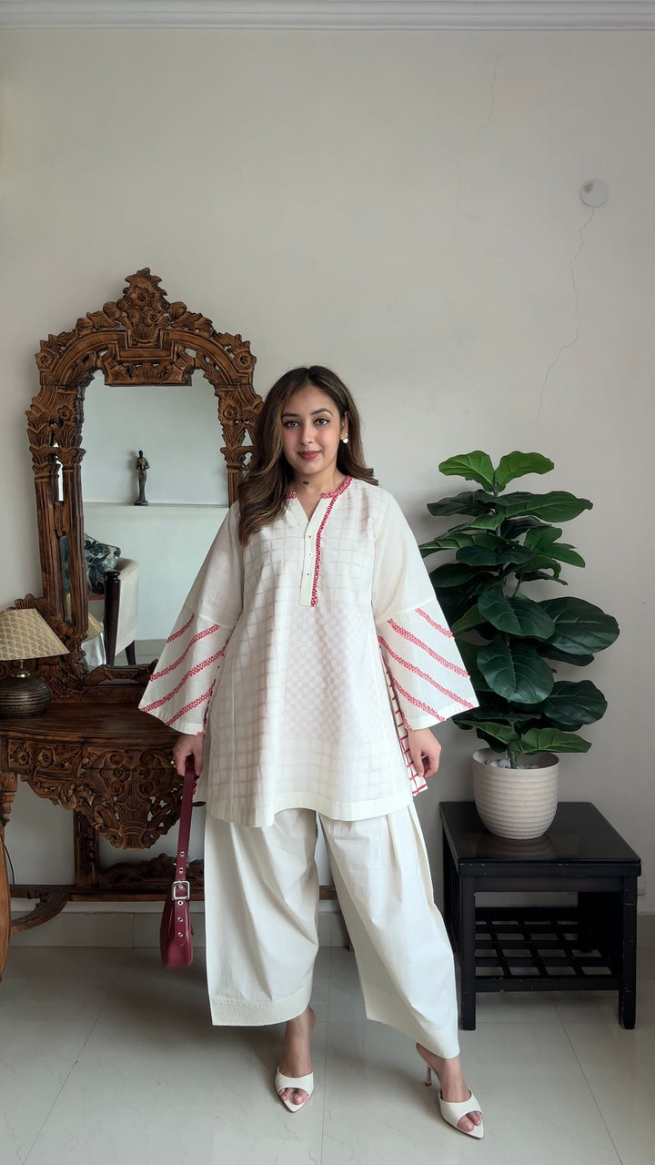 SHIRIN: COTTON IVORY RED CHECK TUNIC SET