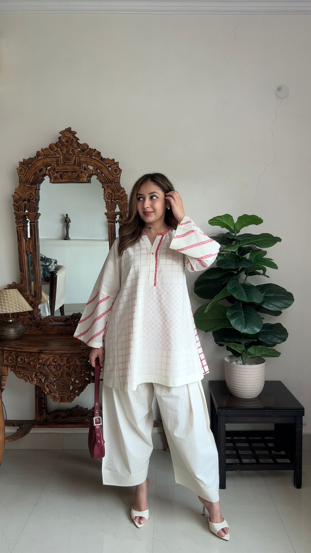 SHIRIN: COTTON IVORY RED CHECK TUNIC SET