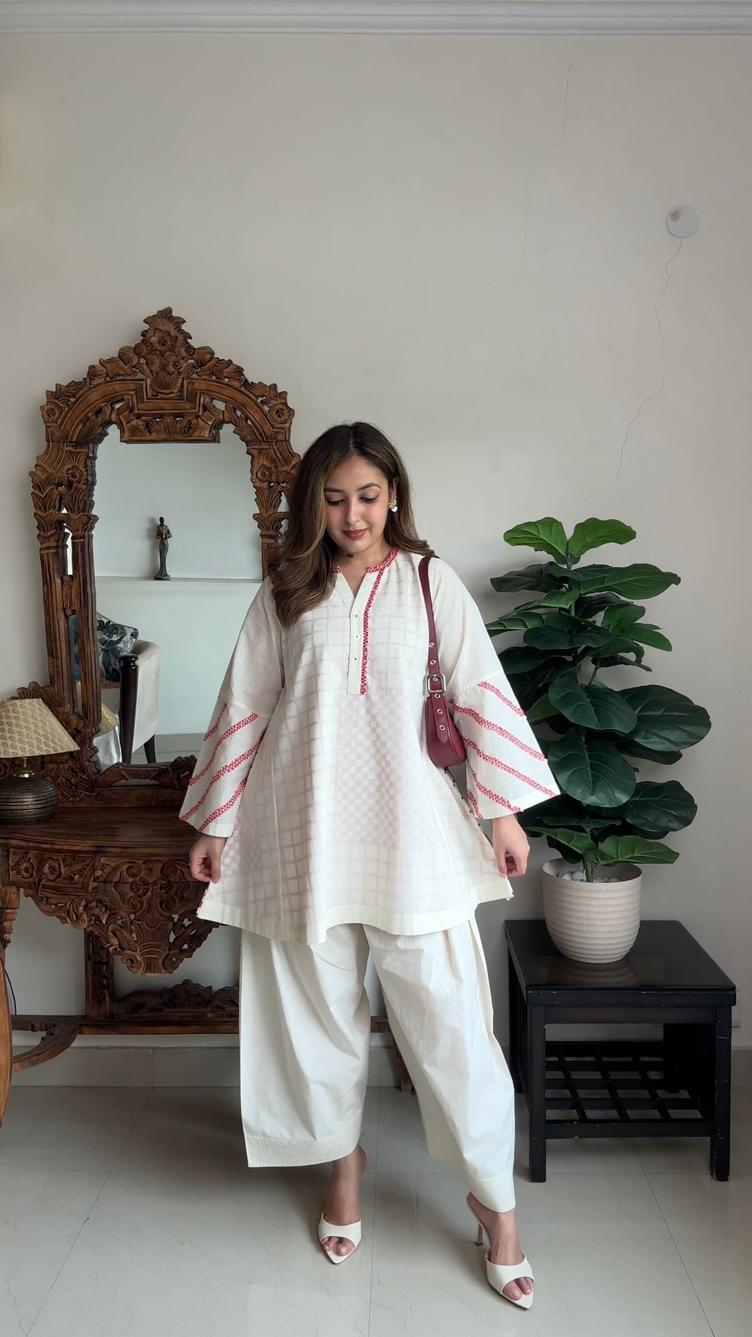 SHIRIN: COTTON IVORY RED CHECK TUNIC SET