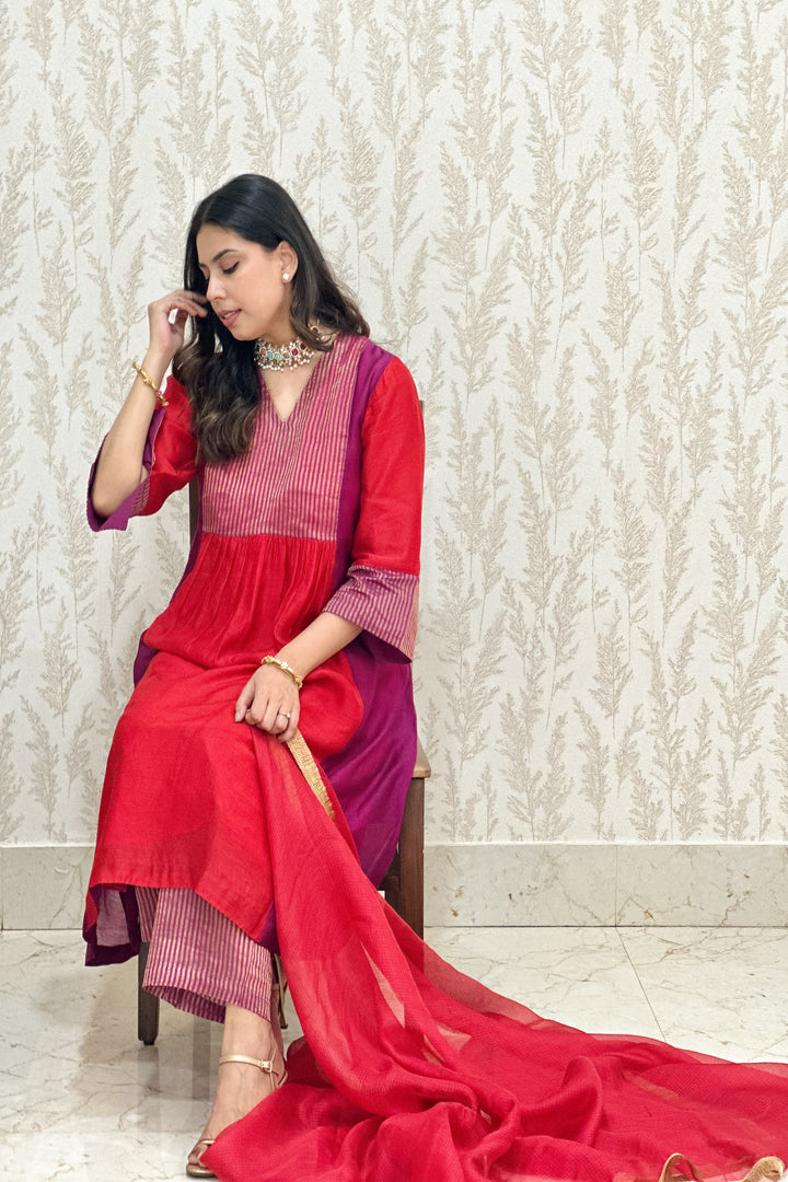 UMA-RED SILK CHANDERI ZARI STRIPE KURTA SET