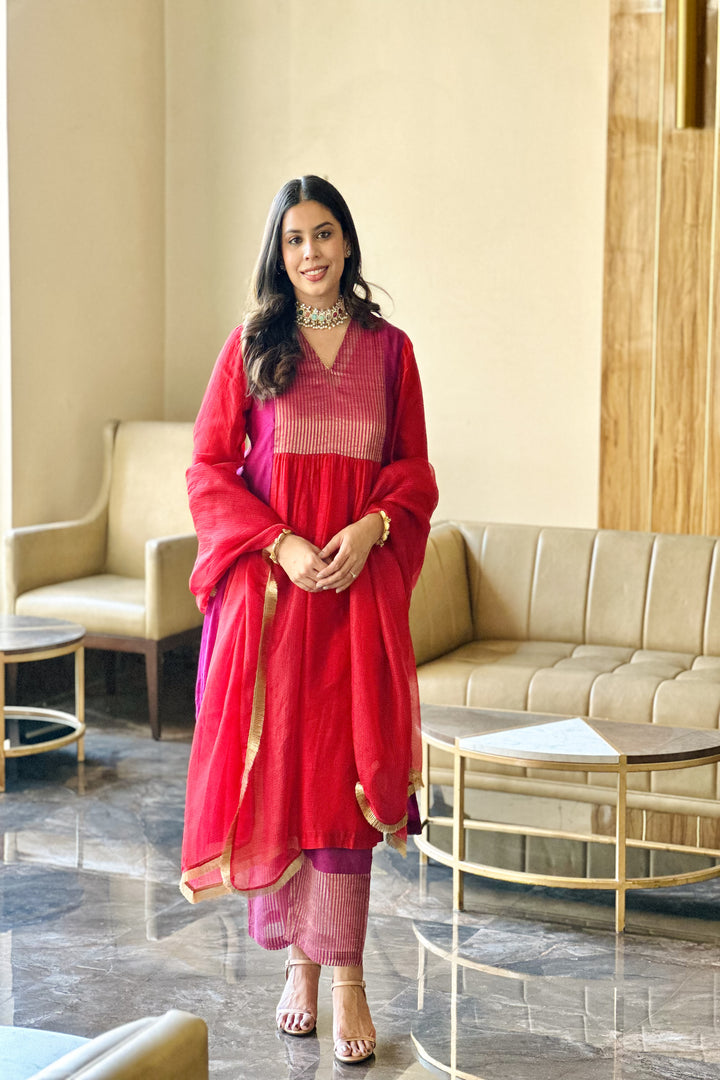 UMA-RED SILK CHANDERI ZARI STRIPE KURTA SET