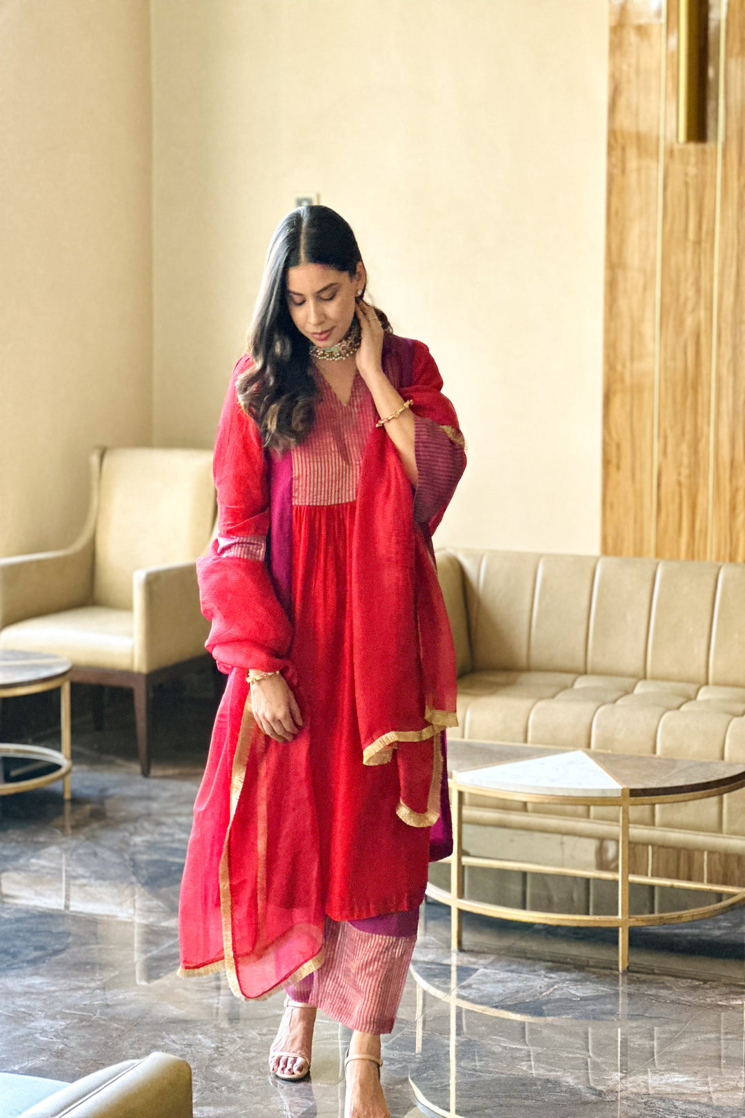 UMA-RED SILK CHANDERI ZARI STRIPE KURTA SET