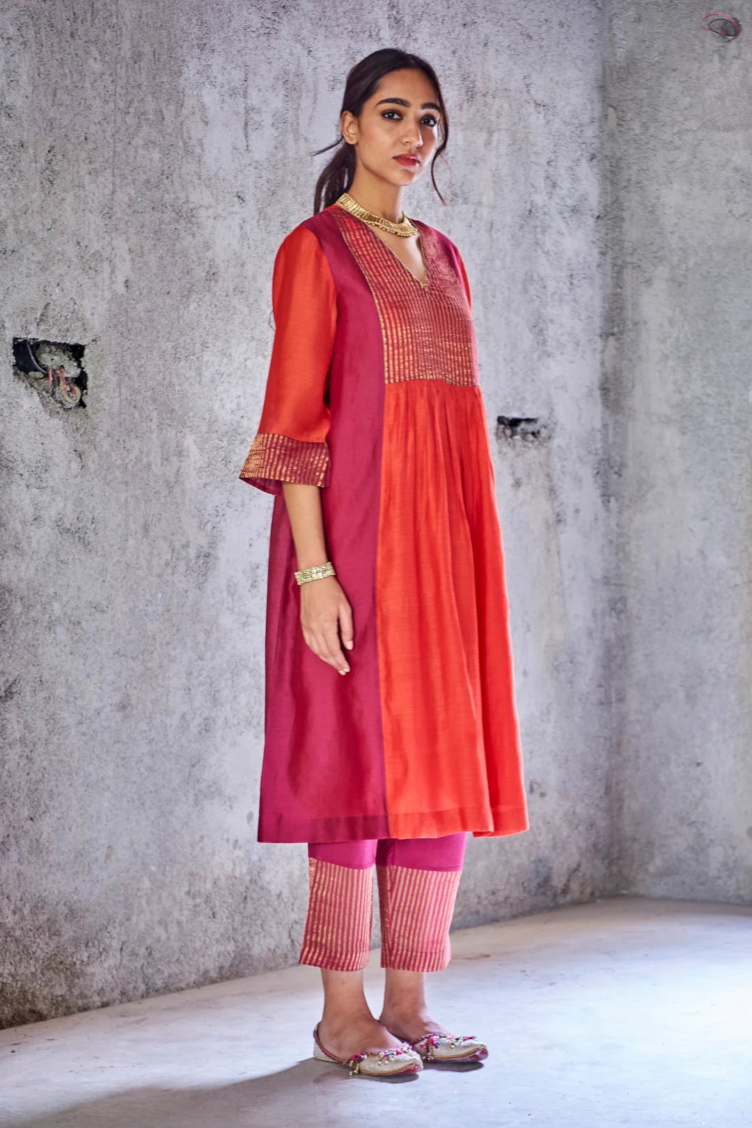 RED SILK CHANDERI ZARI STRIPE UMA KURTA SET