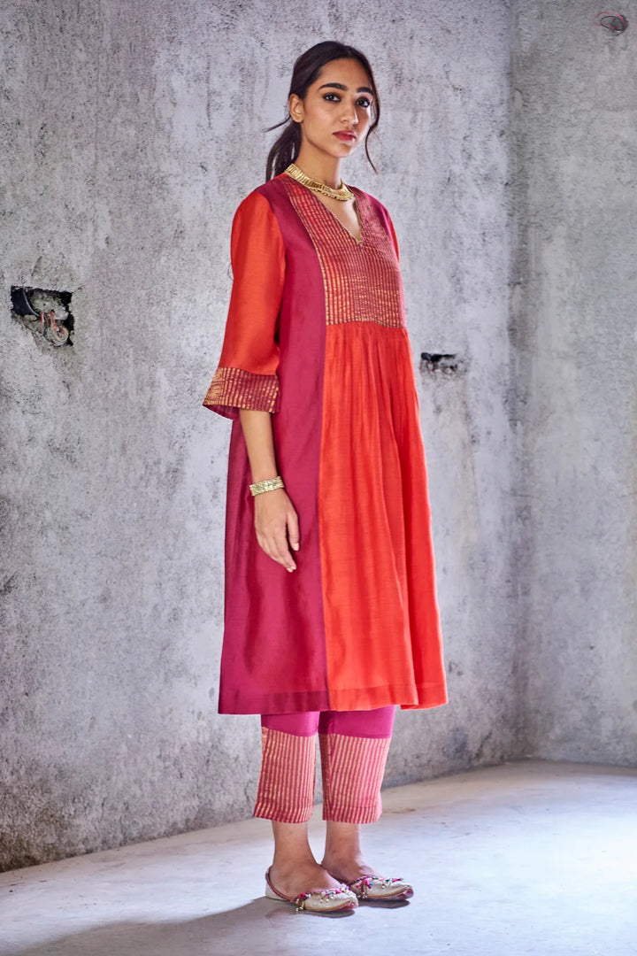 RED SILK CHANDERI ZARI STRIPE UMA KURTA SET