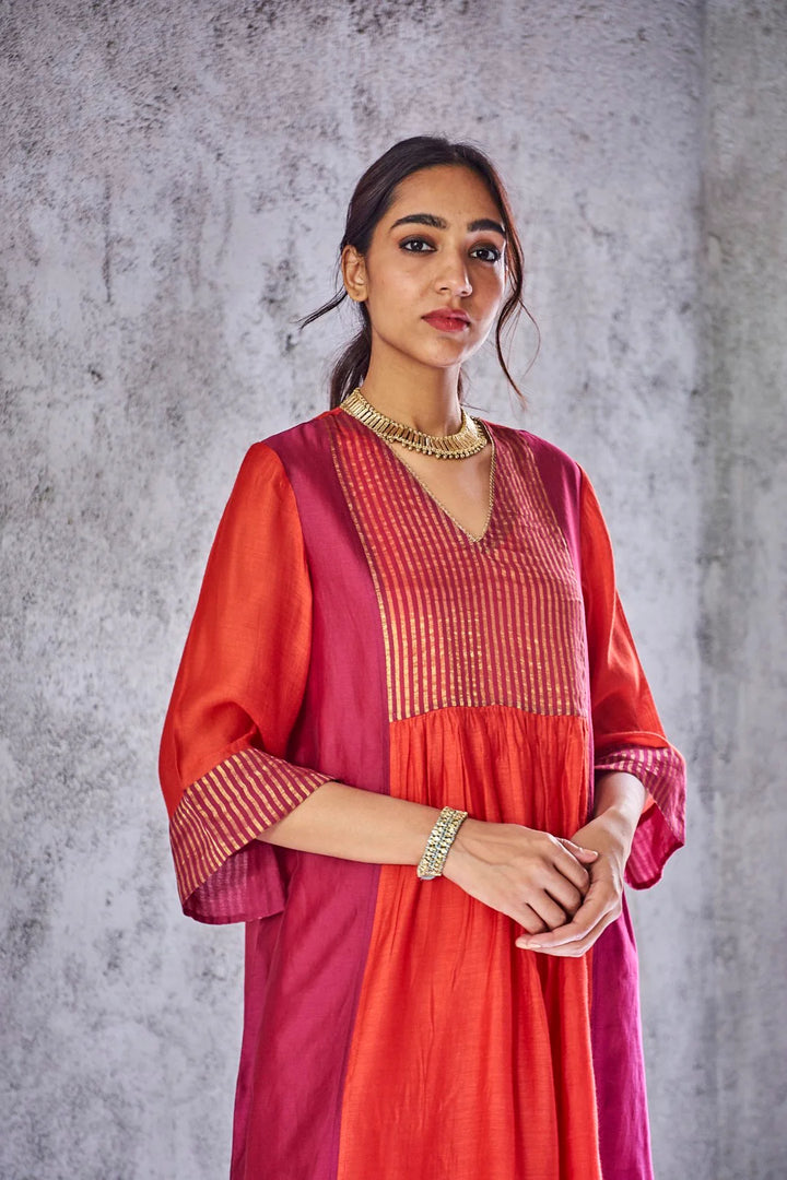 RED SILK CHANDERI ZARI STRIPE UMA KURTA SET
