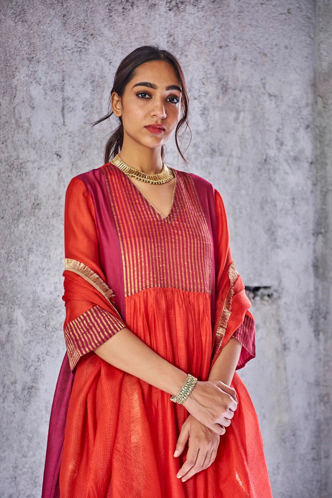 RED SILK CHANDERI ZARI STRIPE UMA KURTA SET