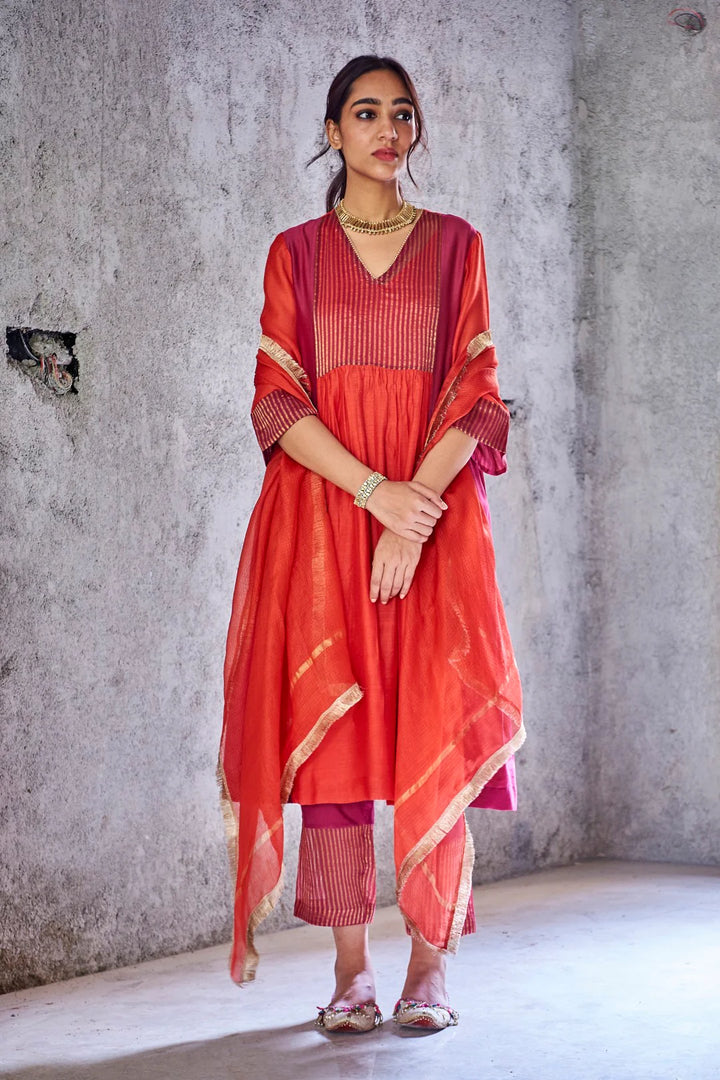 RED SILK CHANDERI ZARI STRIPE UMA KURTA SET