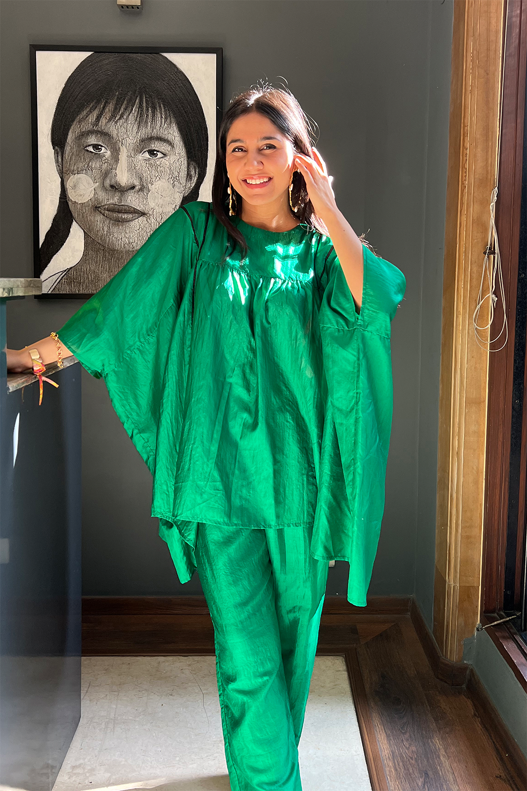 EMERALD GREEN SILK CAPE WITH PANTS