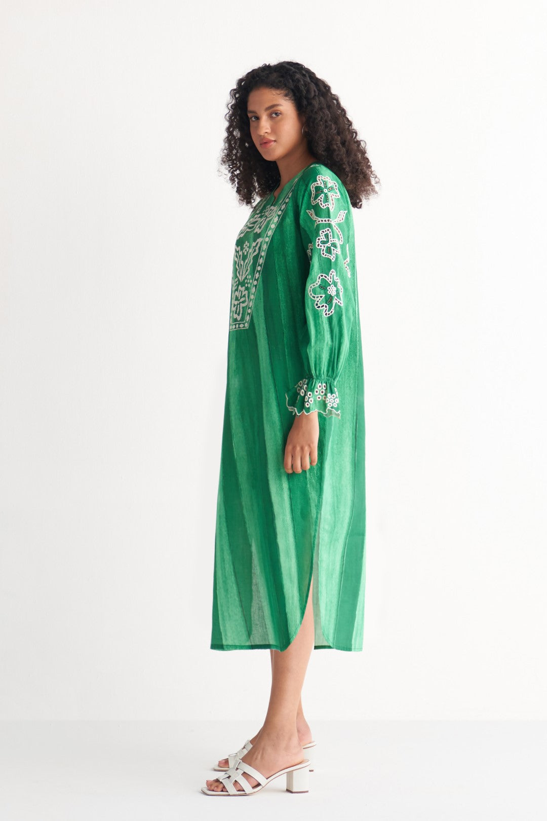 Green Melange Cutwork & Crosss-stitch shirt dress