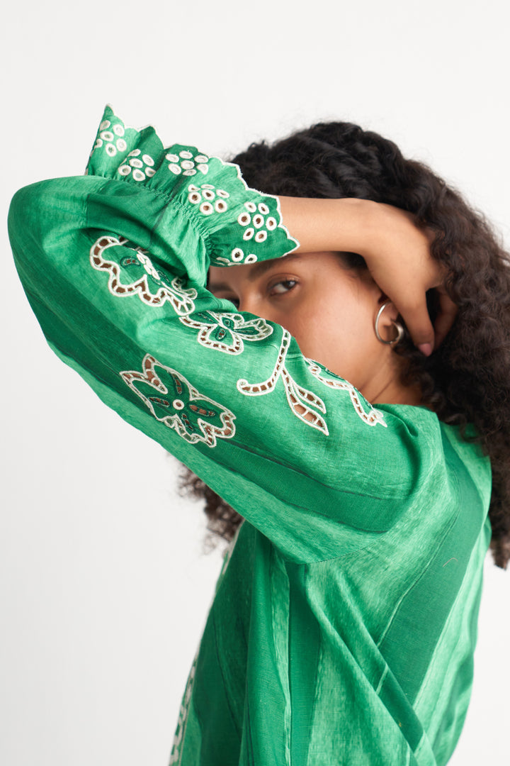 Green Melange Cutwork & Crosss-stitch shirt dress