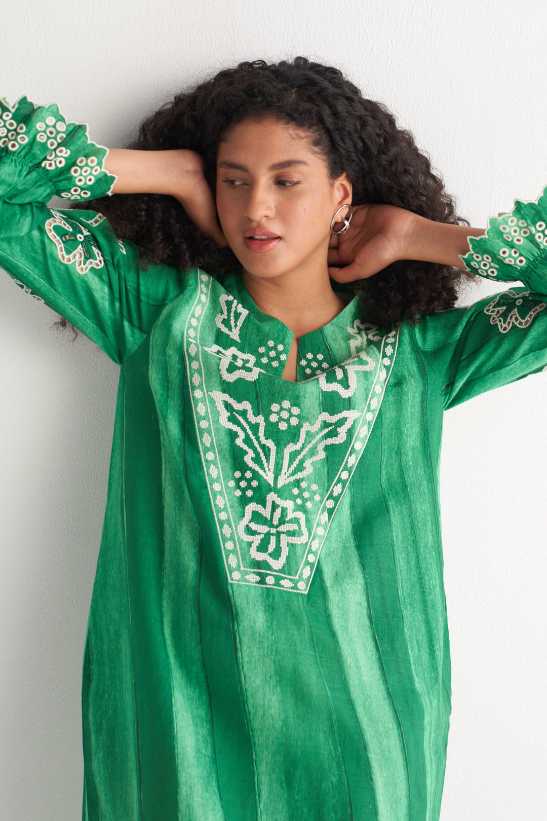 Green Melange Cutwork & Crosss-stitch shirt dress