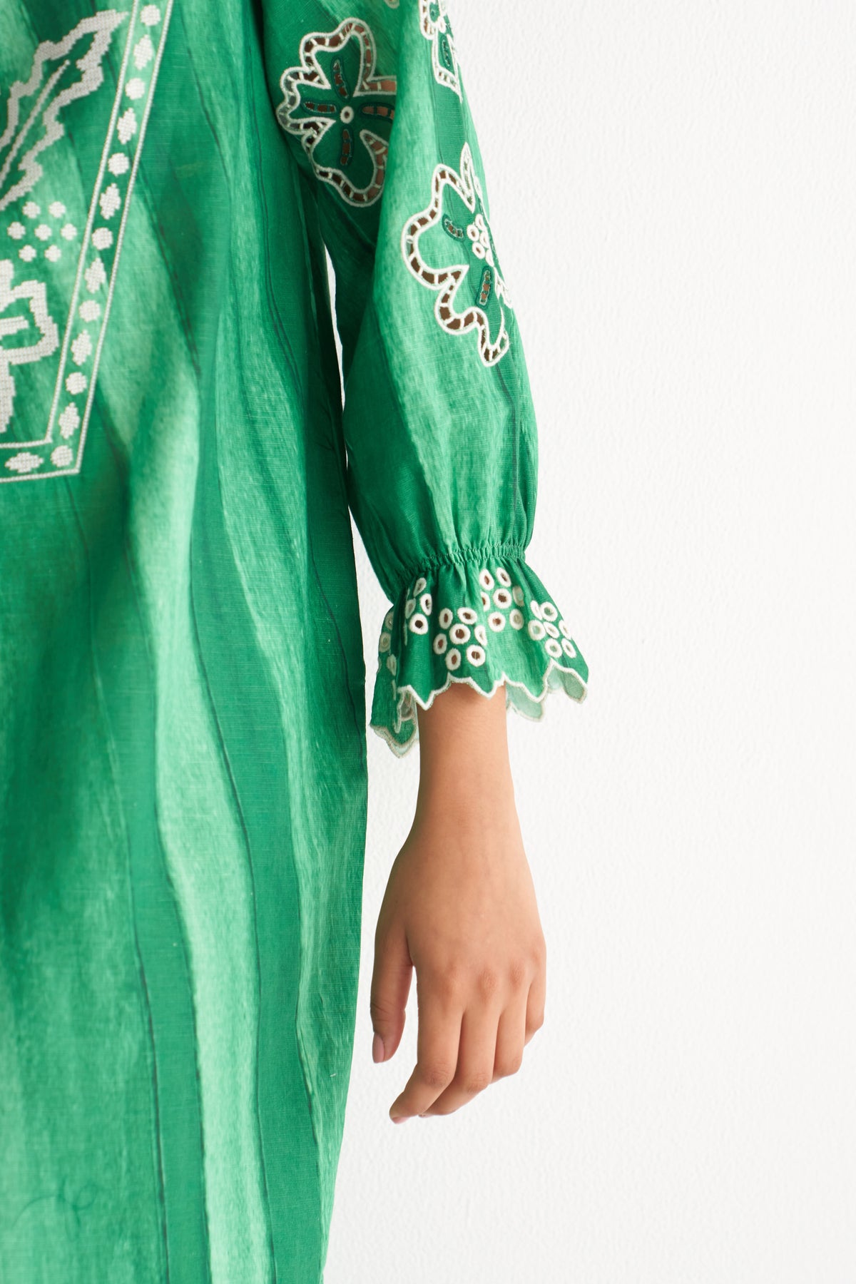 Green Melange Cutwork & Crosss-stitch shirt dress