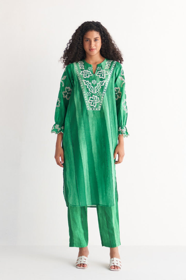 Green Melange Cutwork & Cross-stitch Co-Ord Set