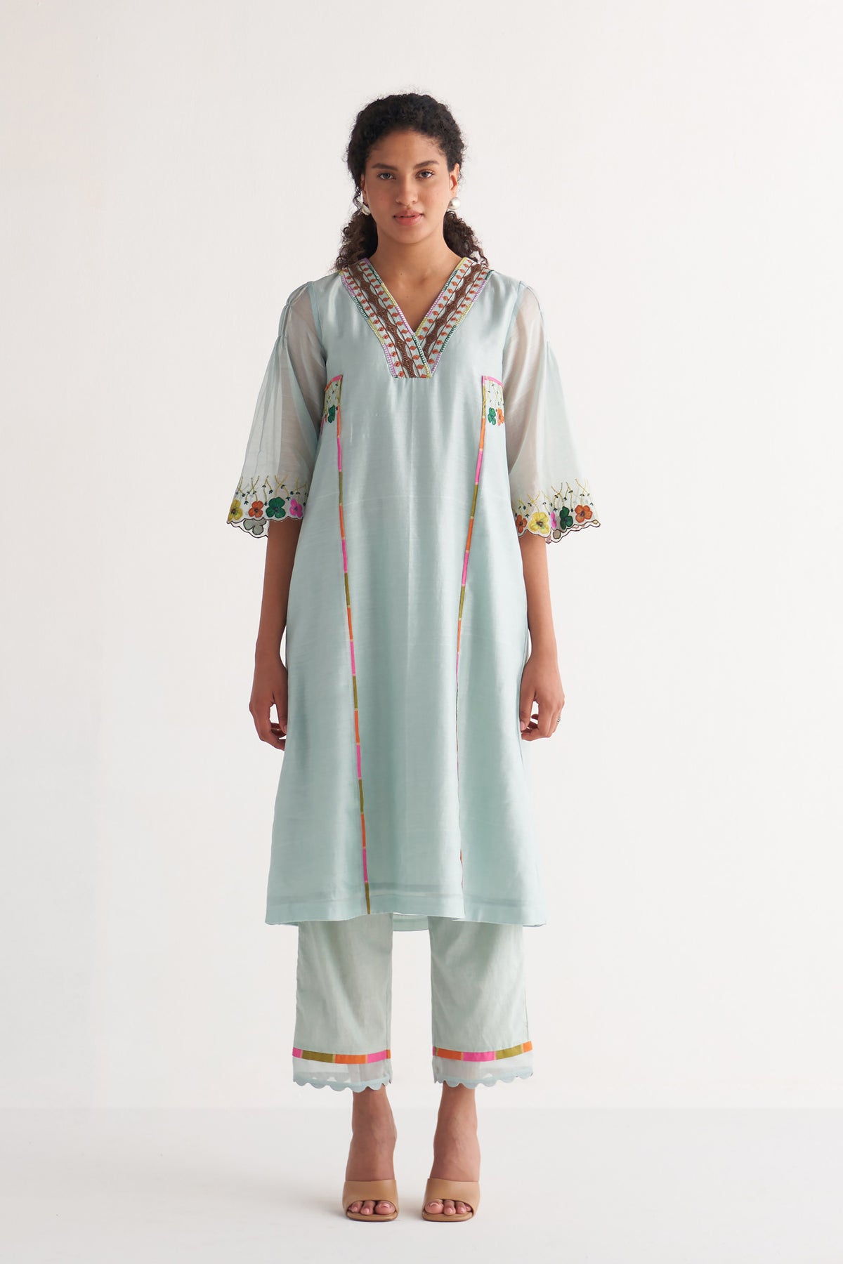 Powder Blue Floral Applique Streak Tape Kurta with Pants and scalloped Dupatta