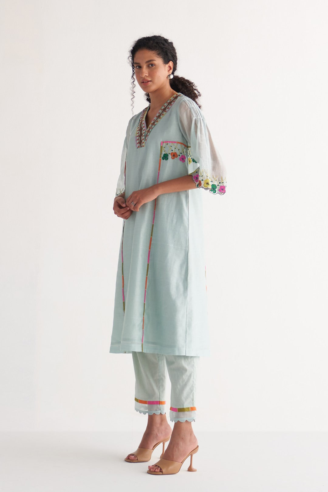 Powder Blue Floral Applique Streak Tape Kurta