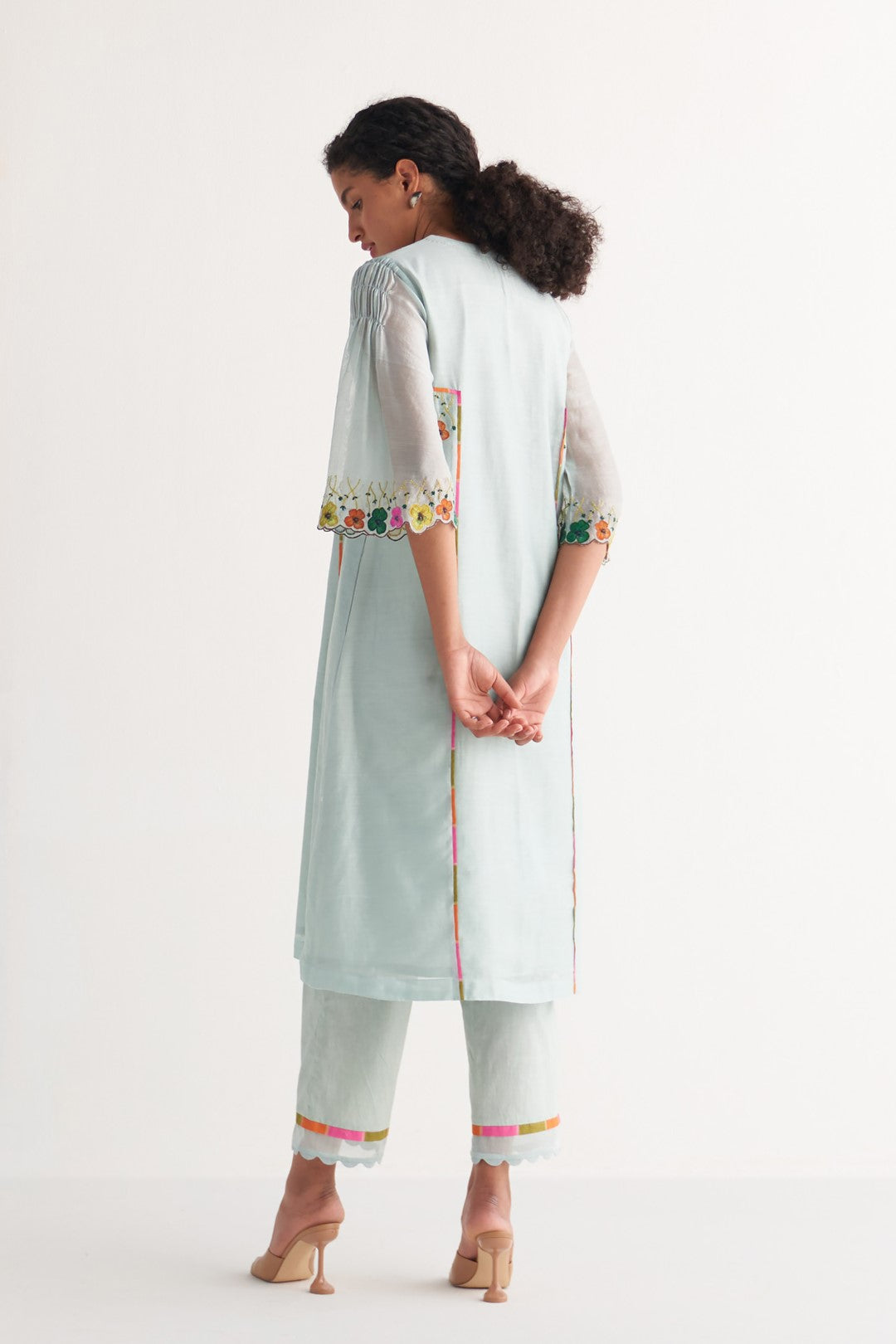 Powder Blue Floral Applique Streak Tape Kurta