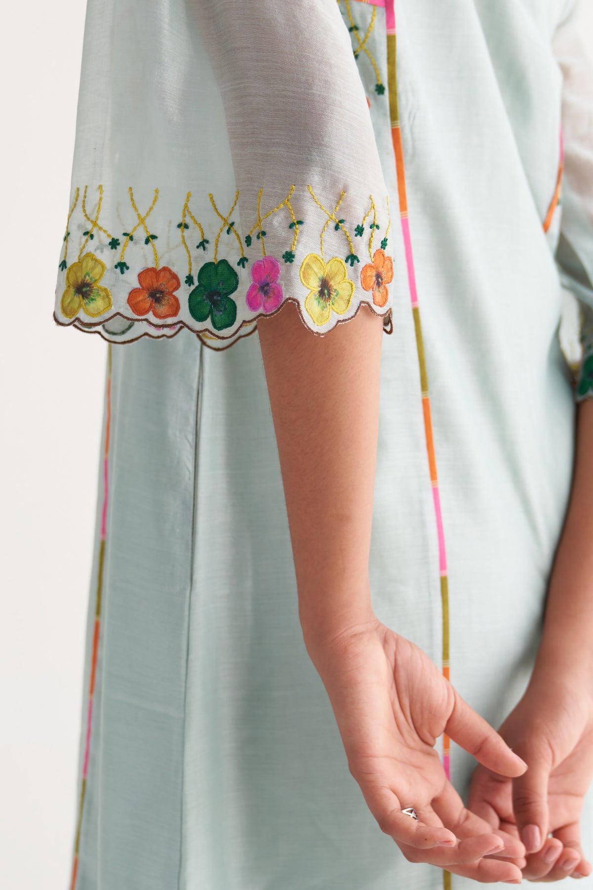 Powder Blue Floral Applique Streak Tape Kurta