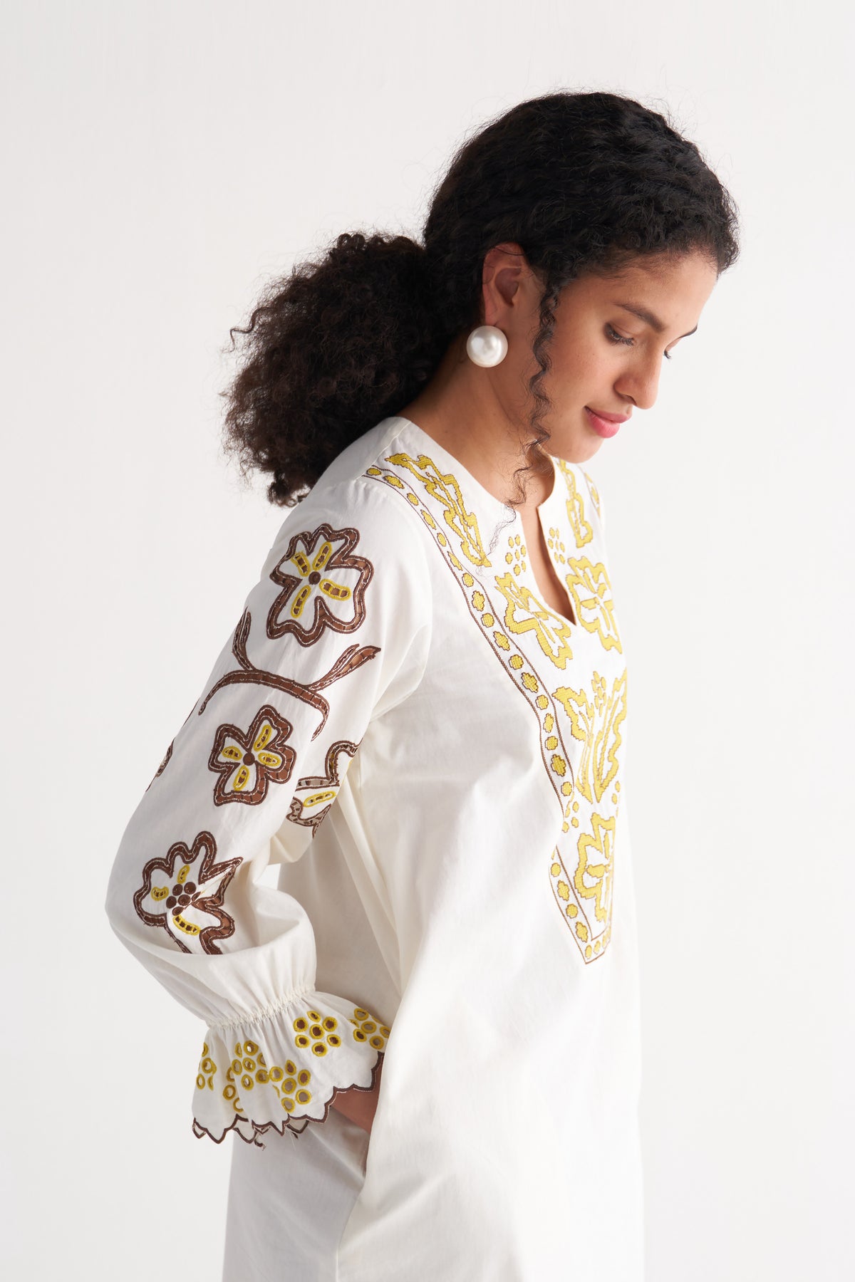 Ivory Melange Cutwork & Cross-stitch Shirt dress