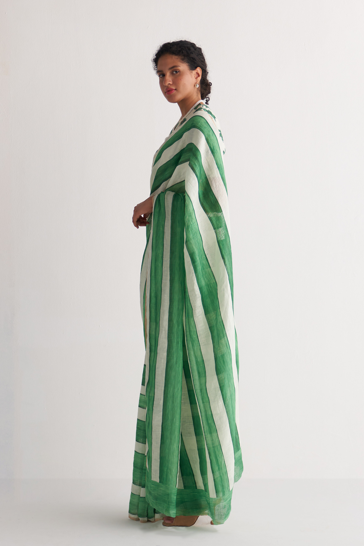 Green & White Streak Saree & Blouse