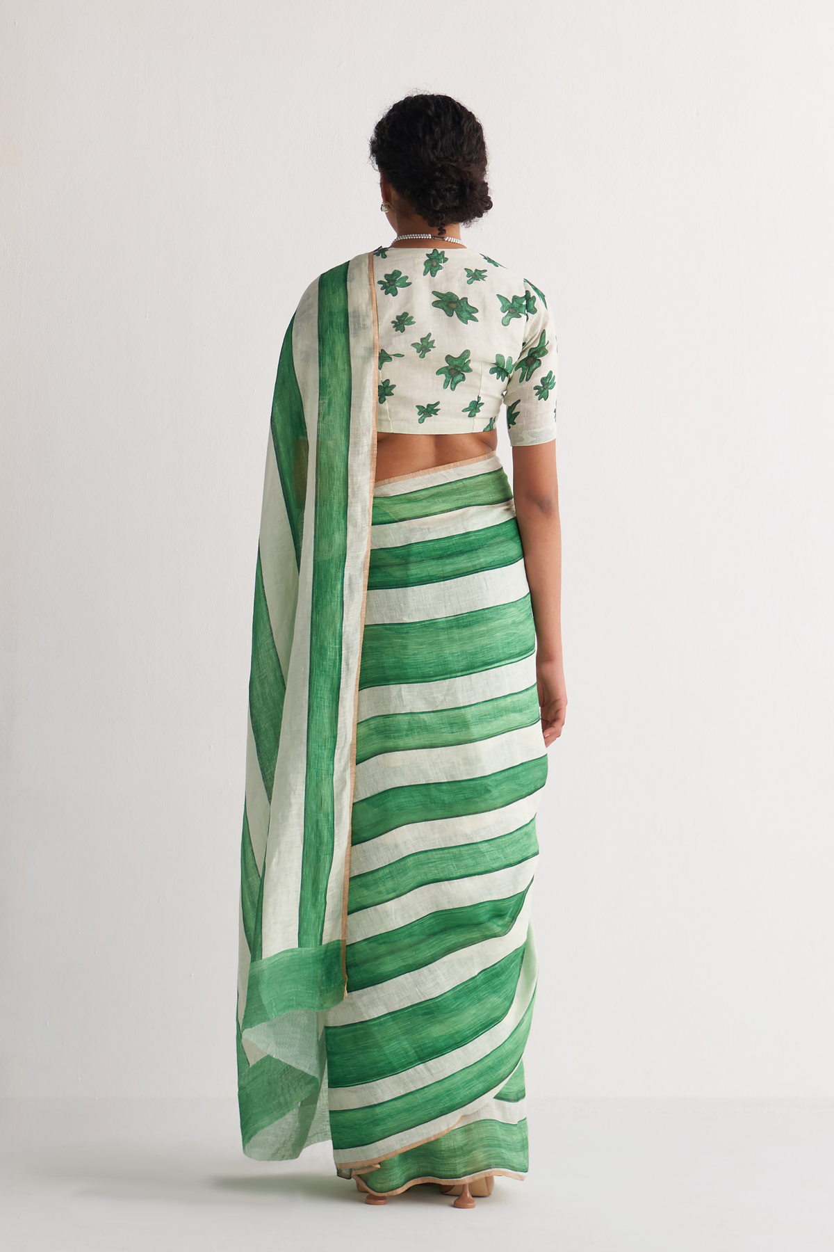 Green & White Streak Saree & Blouse