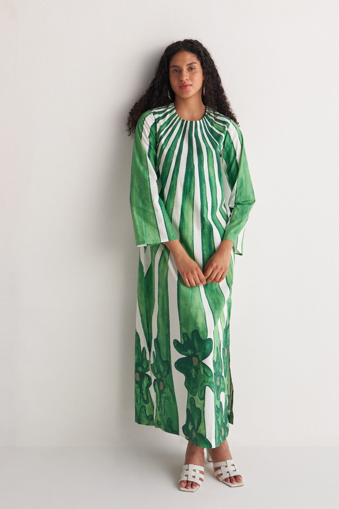 Green Stripe floweret Maxi Dress