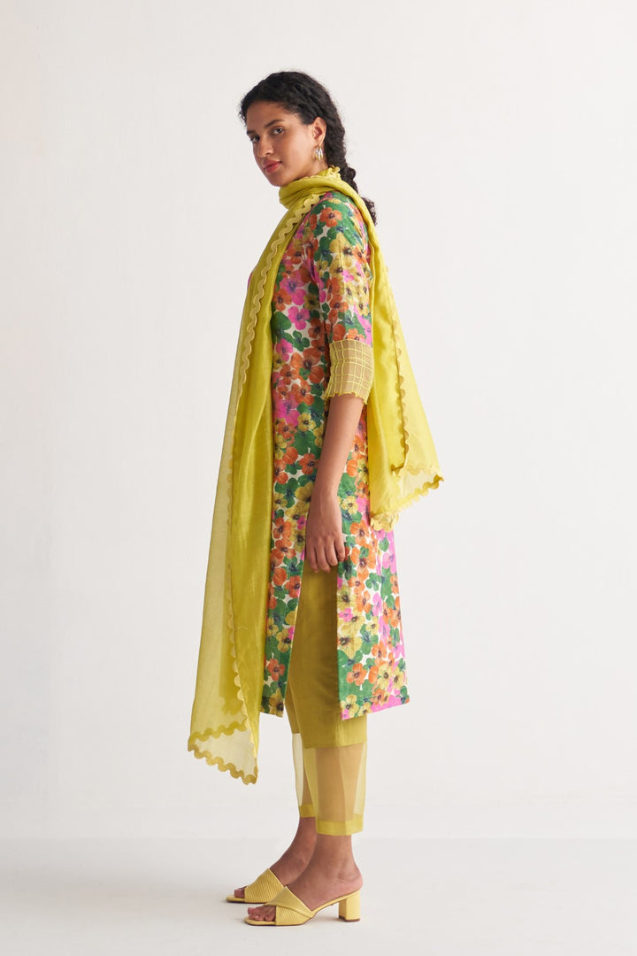 Multihued Gardenia Kurta with Sheer Pants & Scalloped Dupatta