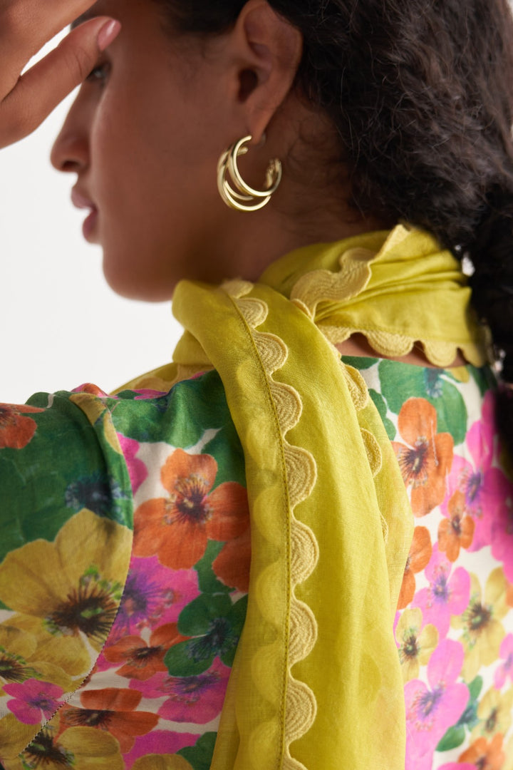 Multihued Gardenia Kurta with Sheer Pants & Scalloped Dupatta