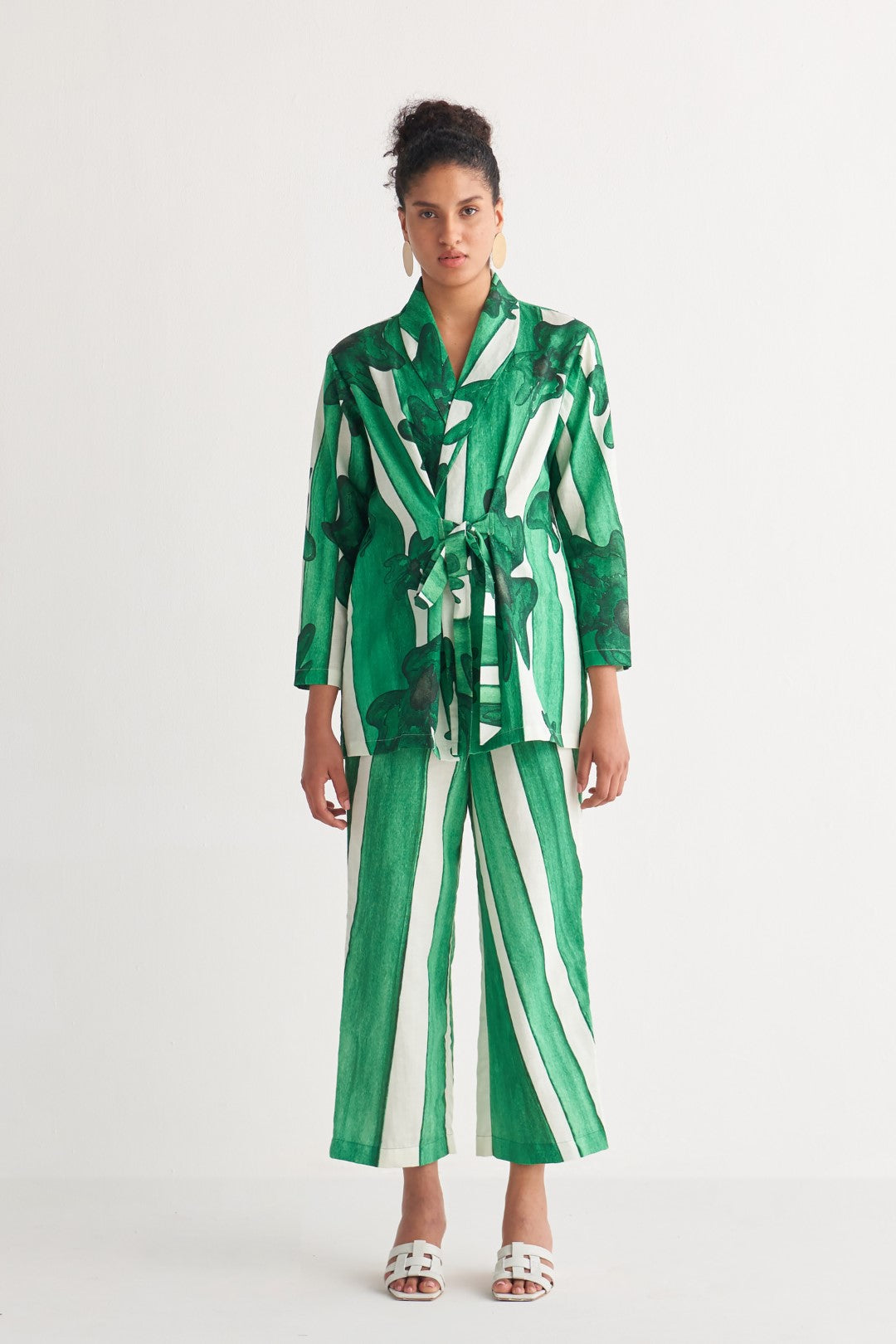 Green & White Striped Floweret Shawl Collar Co-Ord Set