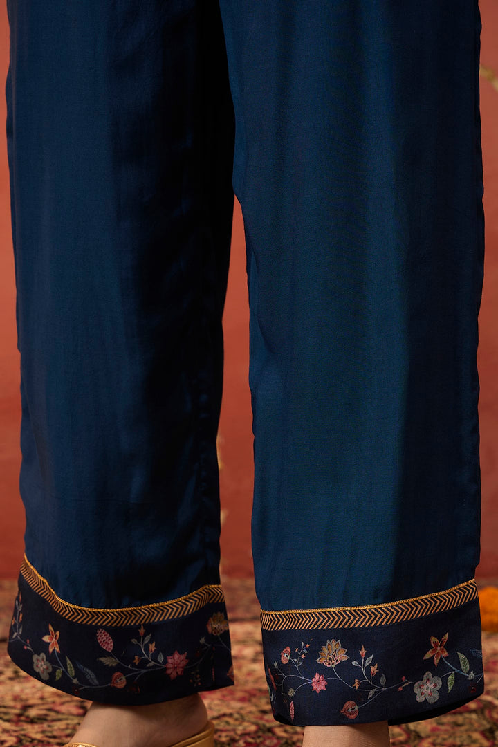BELA- BLUE COTTON SILK CHINTZ BORDER PANTS