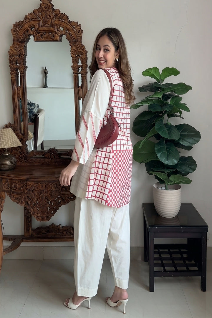 SHIRIN: COTTON SILK IVORY RED CHECK TUNIC
