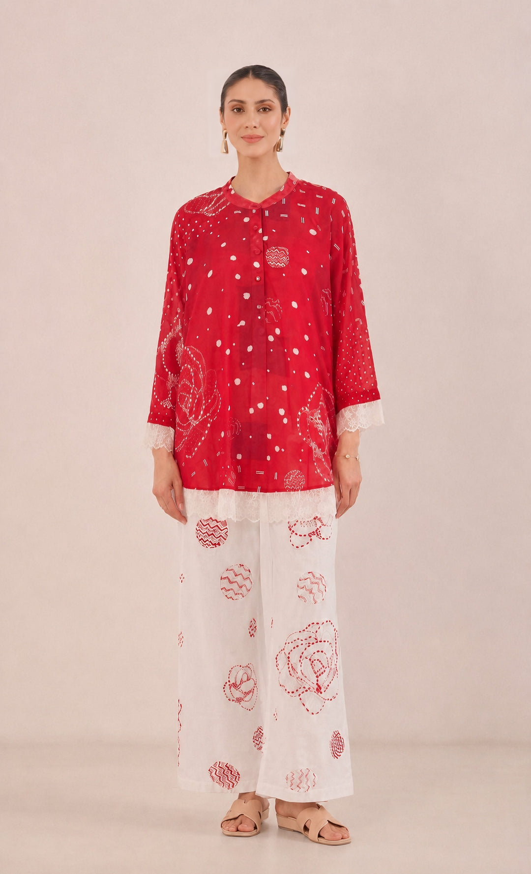 Red Blossom Chanderi Silk Tunic with pant
