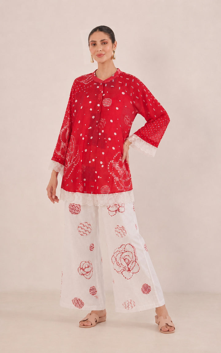 Red Blossom Chanderi Silk Tunic with pant