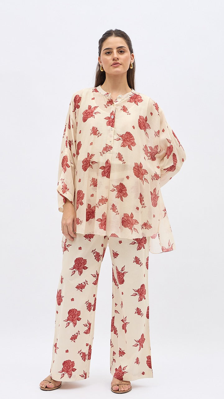 RED FLOWER NAMAH TUNIC WITH SAME PRINT PANTS