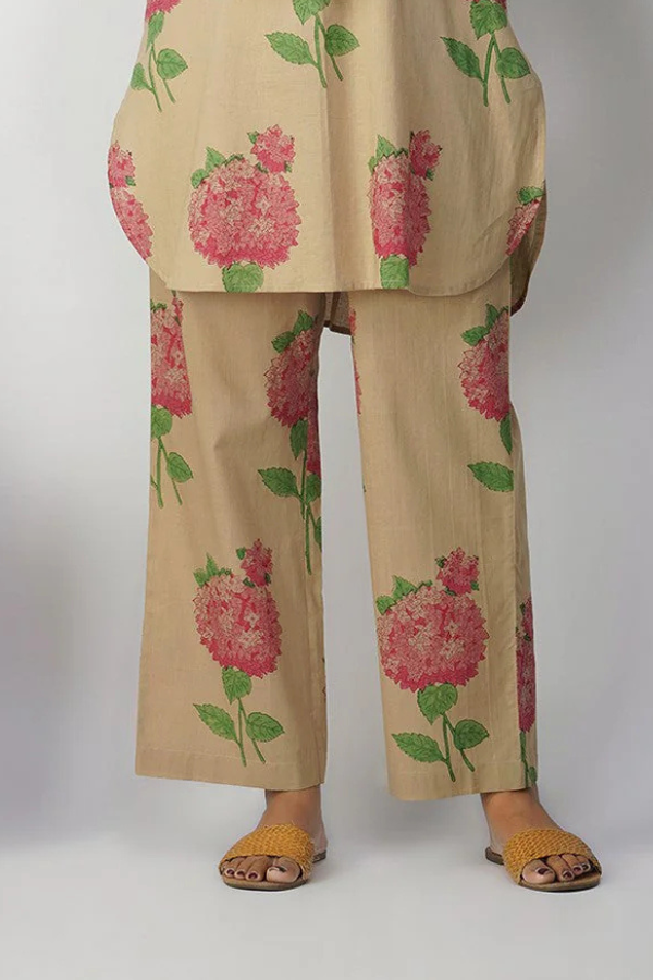Beige Pink Hydrangea Floral Print Pant