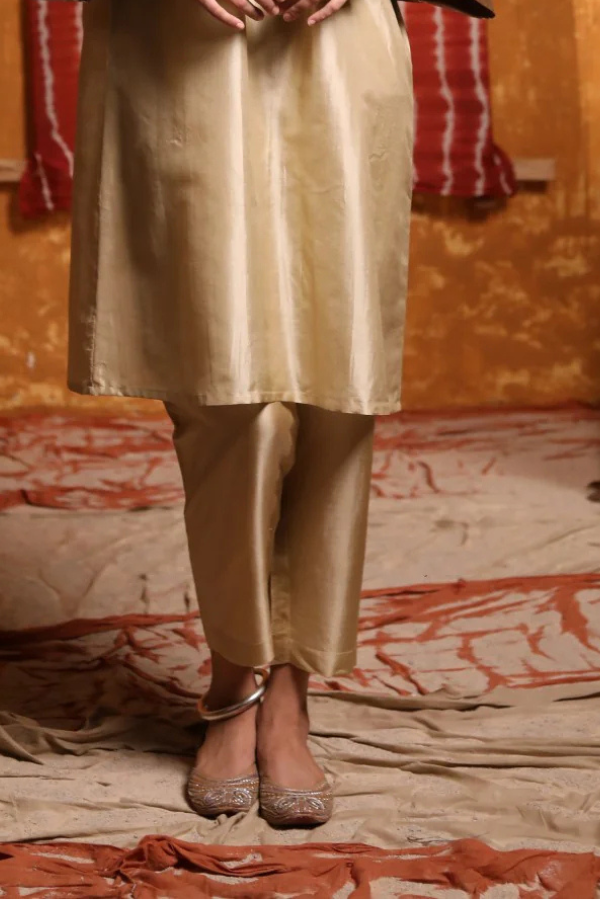 Beige Silk Straight Pants